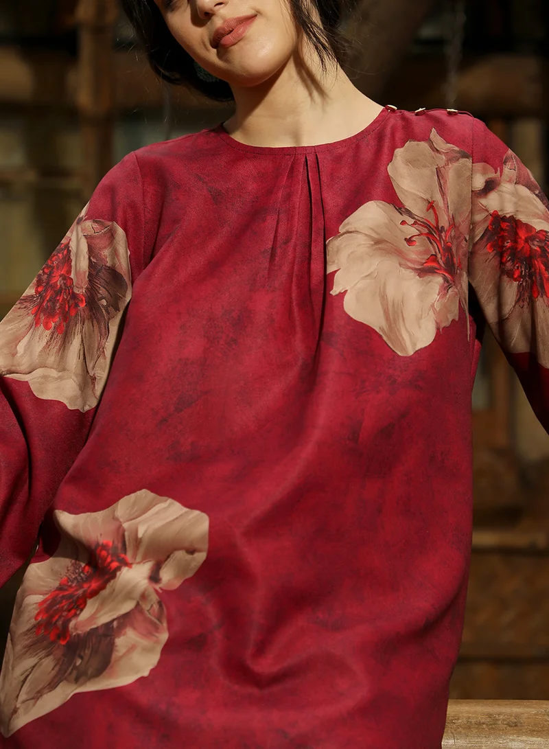 Qissa  Women's Rouge Pink Poppy Flora Kurti With Trousers For Casual Wear | Round Neck | Long Sleeves | 2 Piece Kurta Set Designed With Comfort Fit For Everyday Ethnic Wear for Women | Best Price UAE